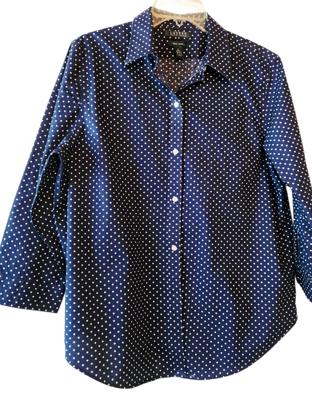 Lauren Ralph Lauren Navy Blue Polk Dot Ladies Blouse Size XL EUC $25